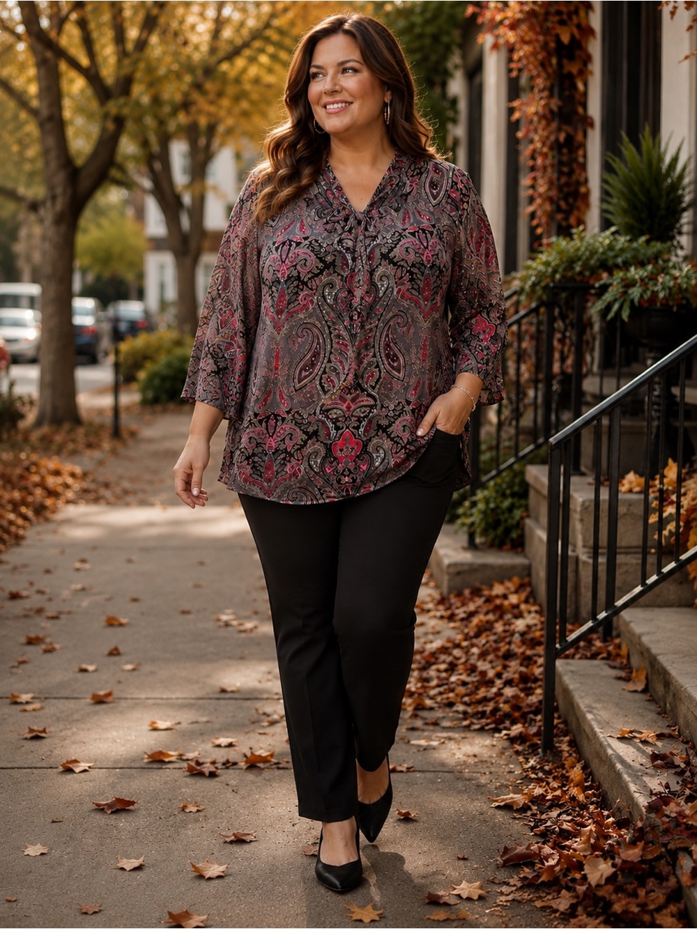 INC International Concepts 1X Paisley Tie Neck Blouse Pink Gray Black Plus Size